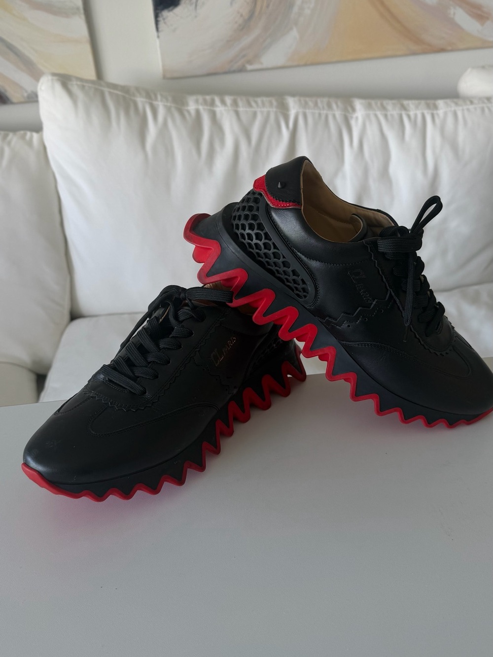 Christian Louboutin Black Leather Sneakers with Red Zigzag Sole